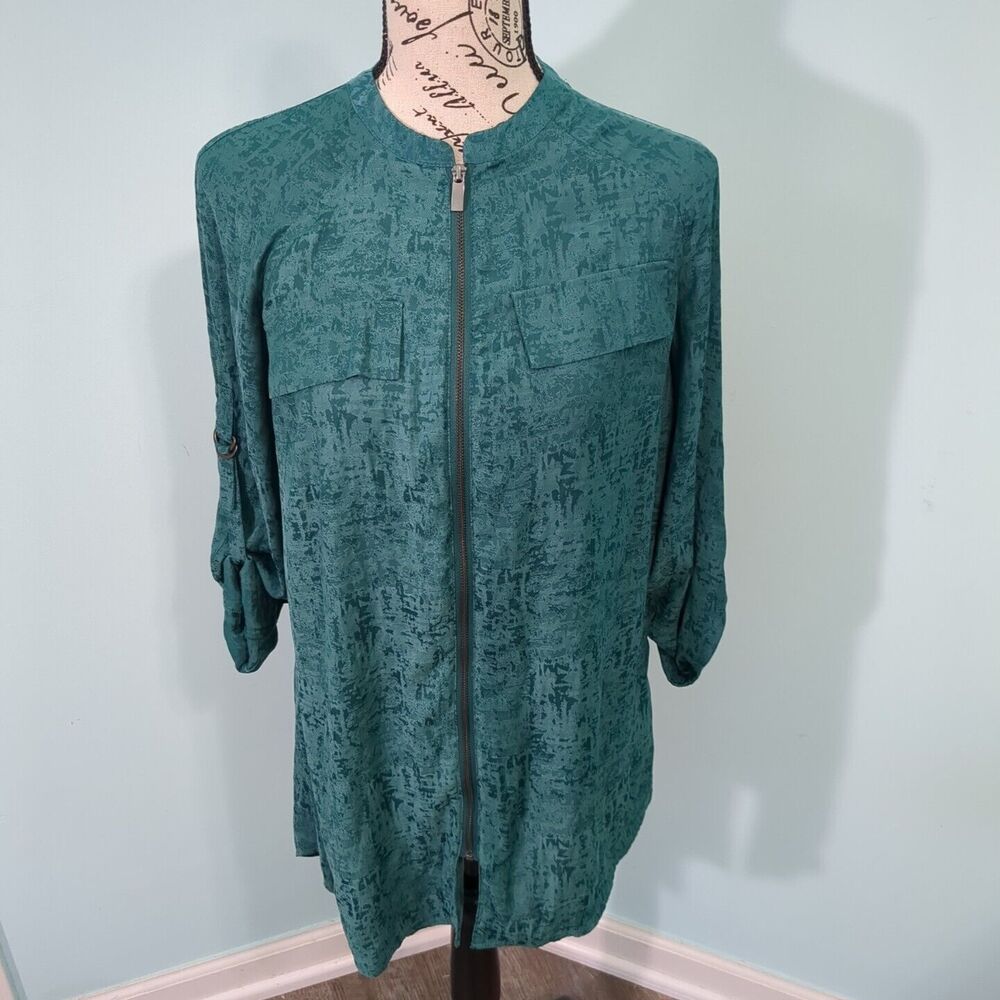 Rock & Republic Zip Up Tunic Top small Emerald Green Roll Tab Sleeve Blouse